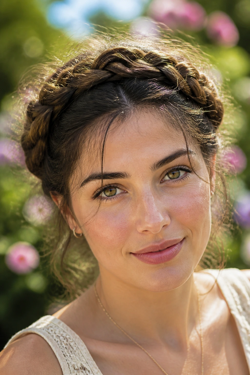 Close-up of a woman with a crown braid and textured flyaways in sunny outdoor light