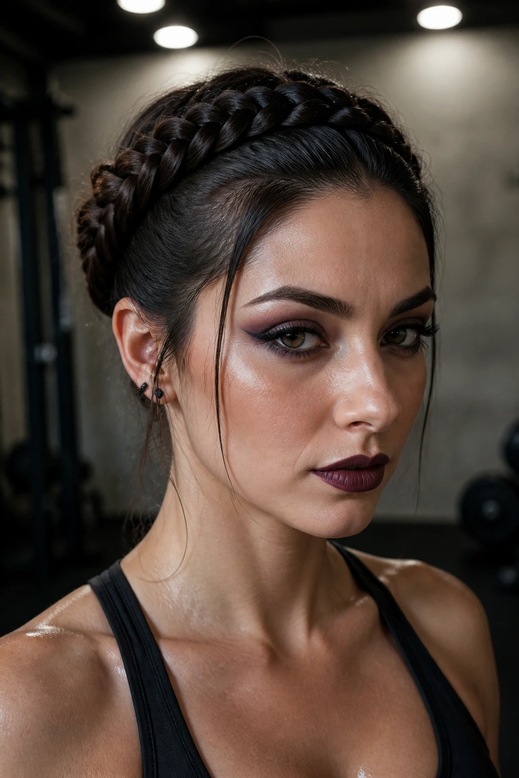 Close-up of a real woman with a gothic crown braid and hidden pins during a workout
