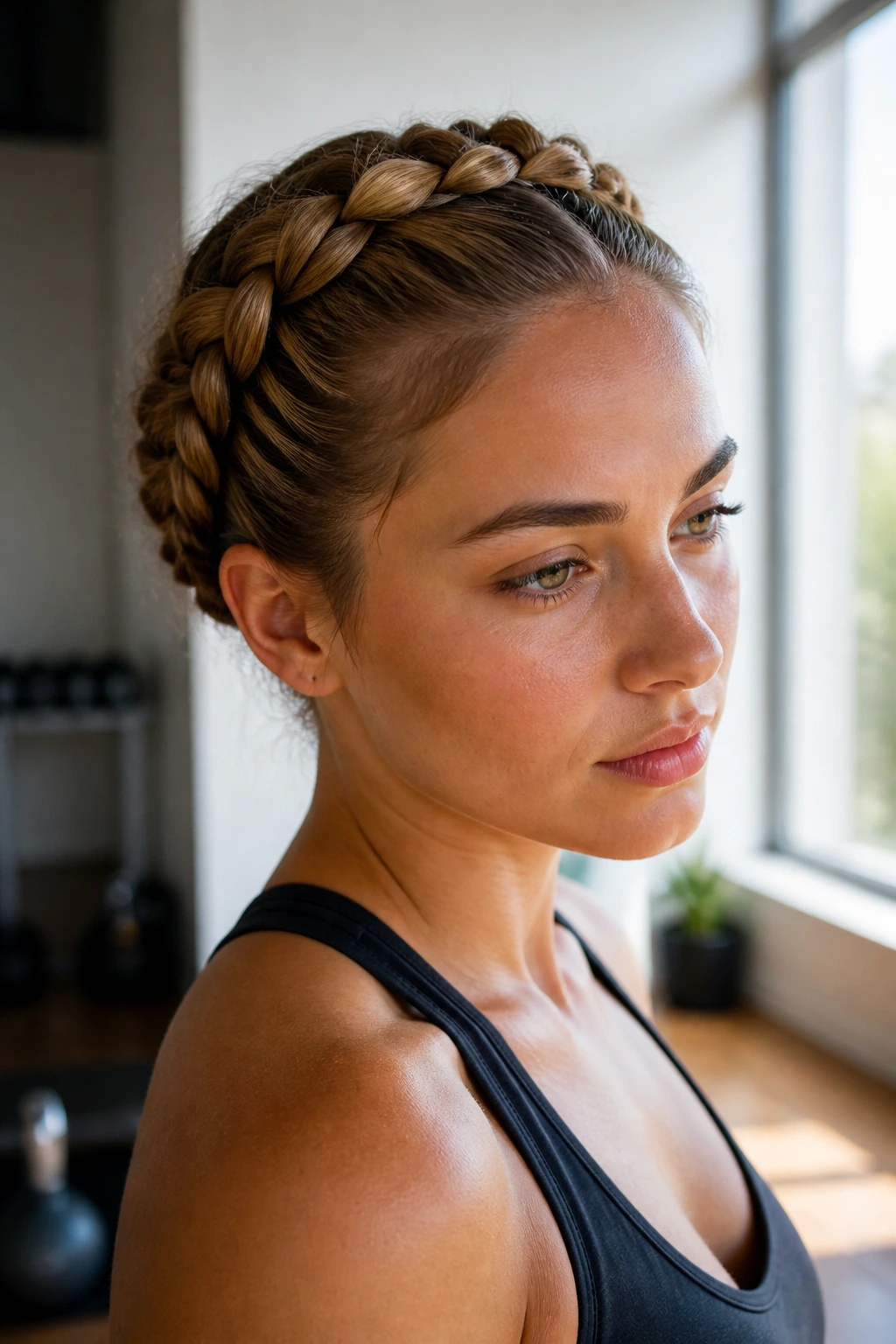 Close-up of a real woman with a wide crown braid encircling her head in a sunlit home gym