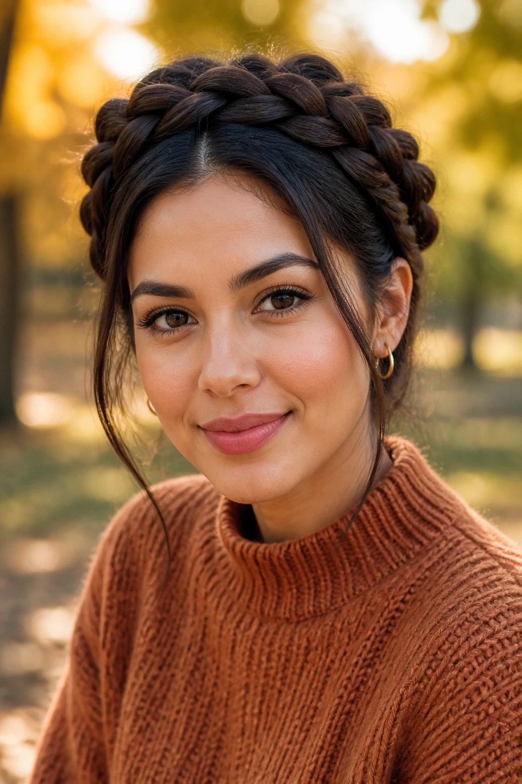 Close-up of a woman with a crown braid around her head in autumn light