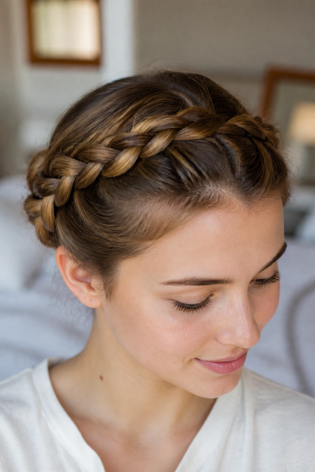 Front close-up of a real person with crown braids over the head