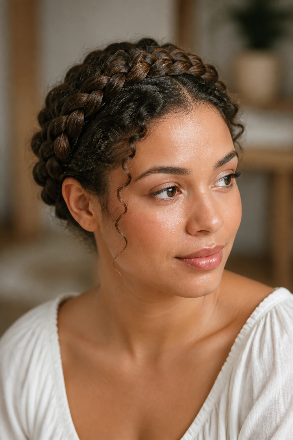Close-up of a real woman wearing a crown braid around the head.