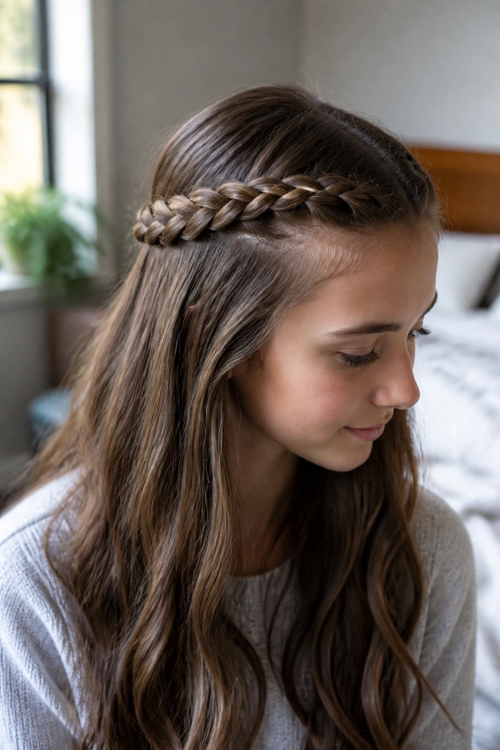 Close-up of real person with a half-up crown braid