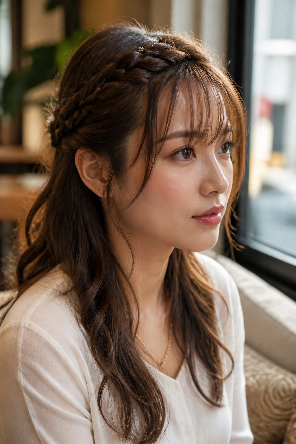 Close-up of a woman with crown-braided half-up style and wispy fringe in a warm cafe setting