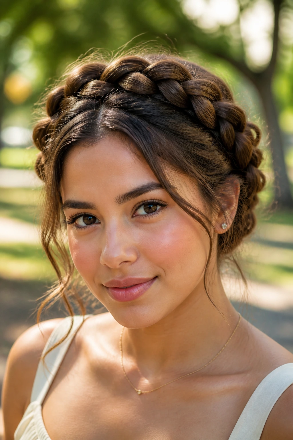 Close-up portrait of a real woman with a loose Dutch crown braid forming a halo around her head.