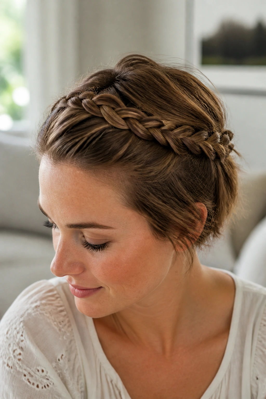 Close-up of a real woman with crown braids forming a halo at the crown