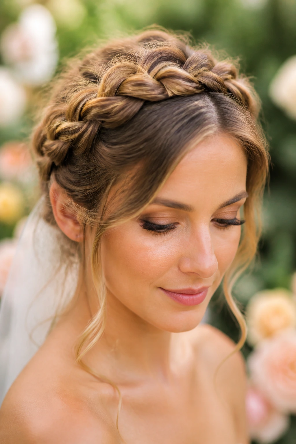 Close-up of bride with crown braid encircling head like halo in garden light
