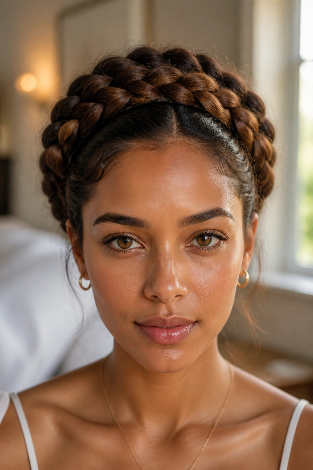 Close-up of a real woman with a crown braid halo
