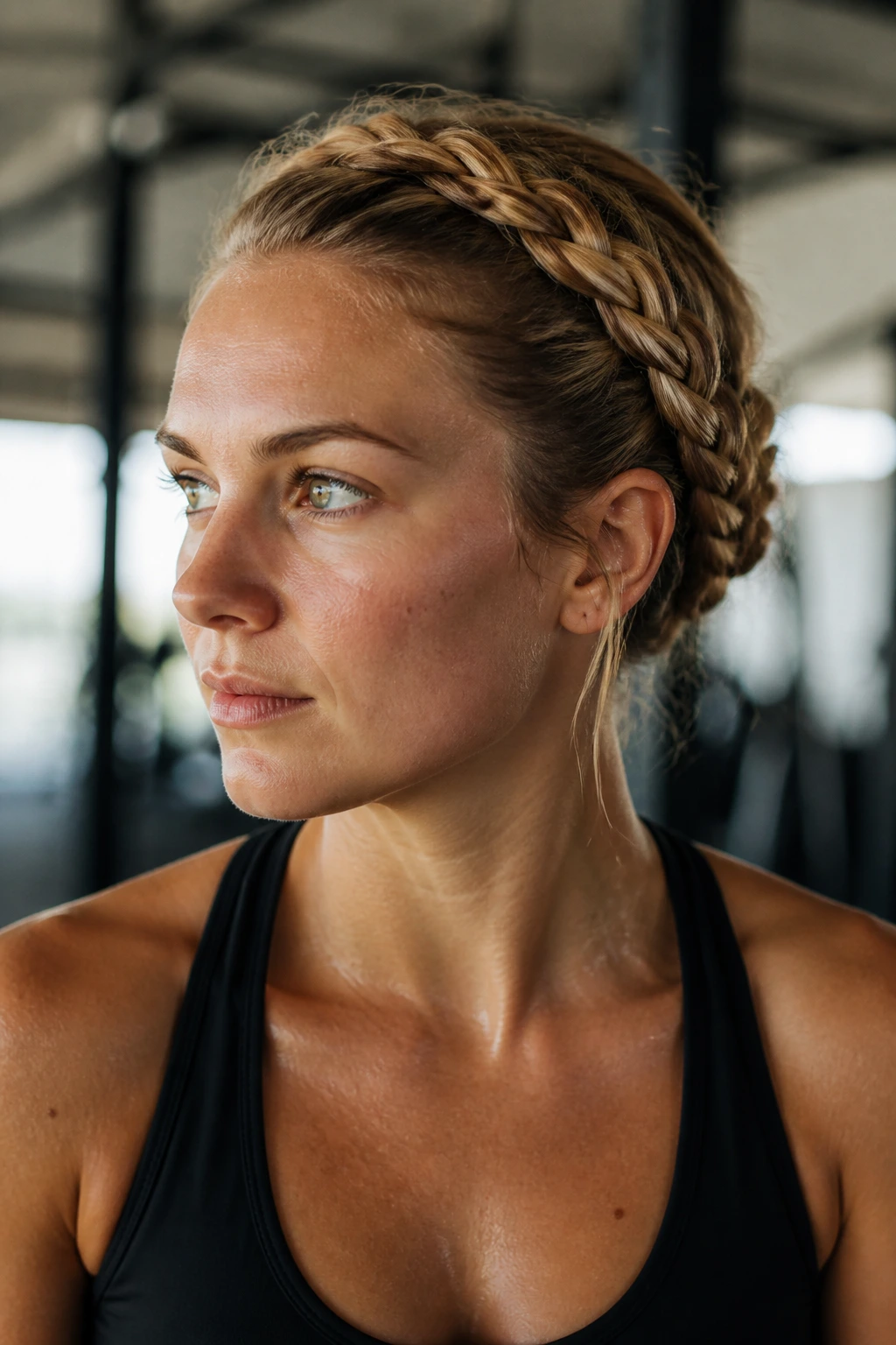 Close-up of a real woman with crown braid halo during workout