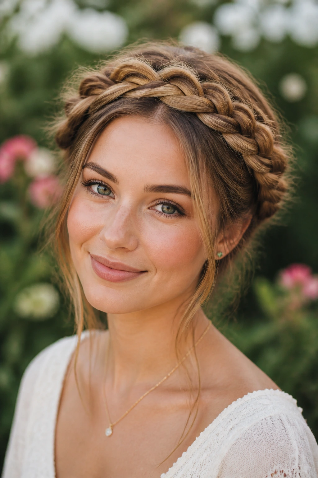 Close-up of a woman wearing a crown braid halo around her head