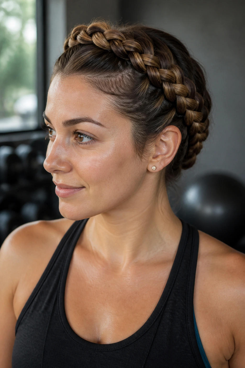 Close-up of a real woman with a crown braid halo during a workout