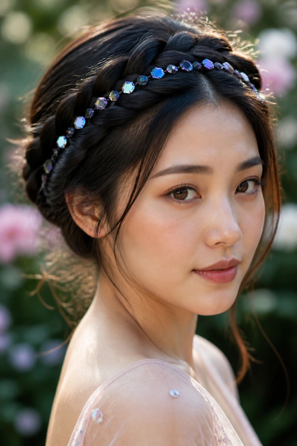 Close-up of a person with a crown braid halo featuring iridescent hexagons