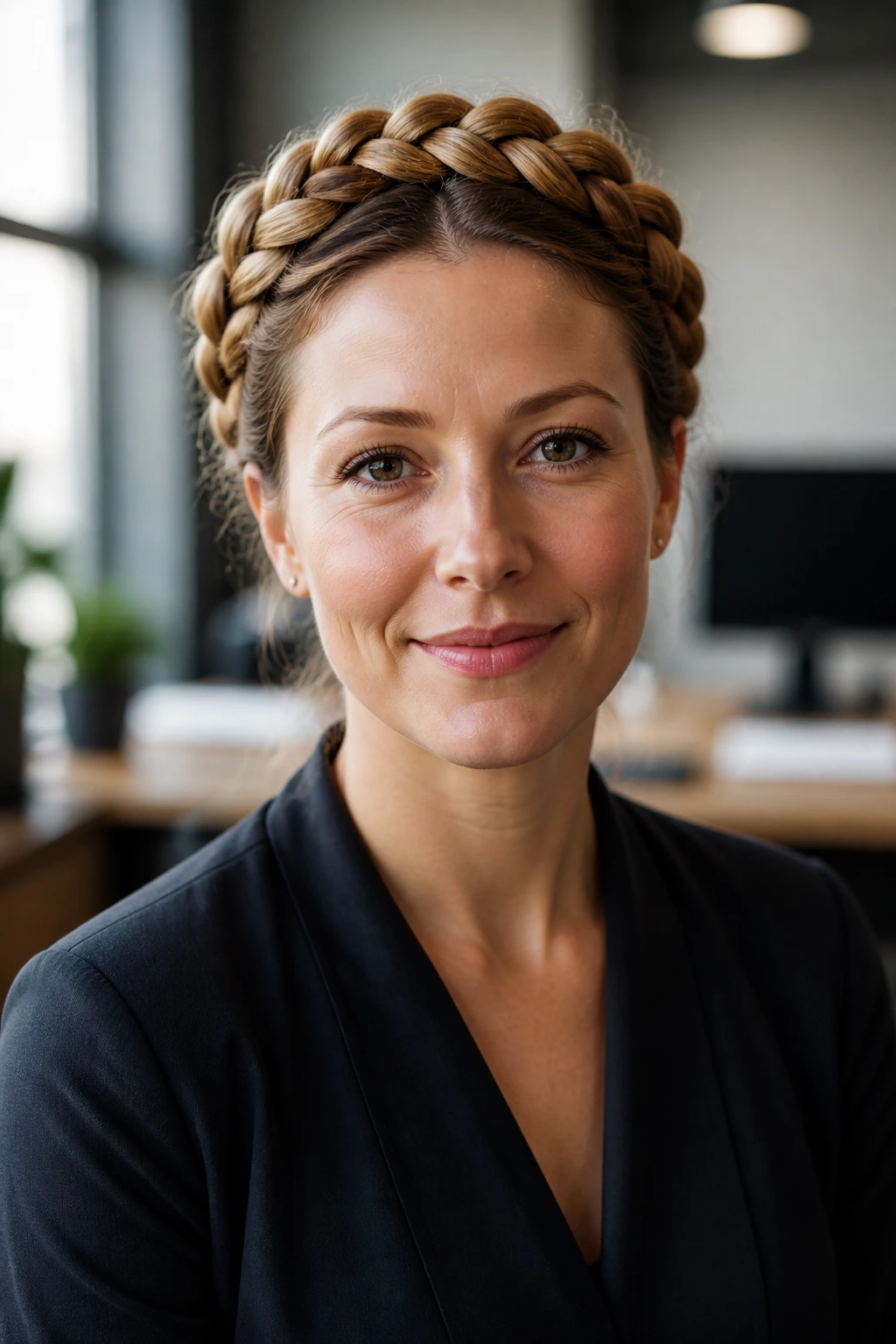 Close-up of a real woman wearing a crown braid halo in an office setting