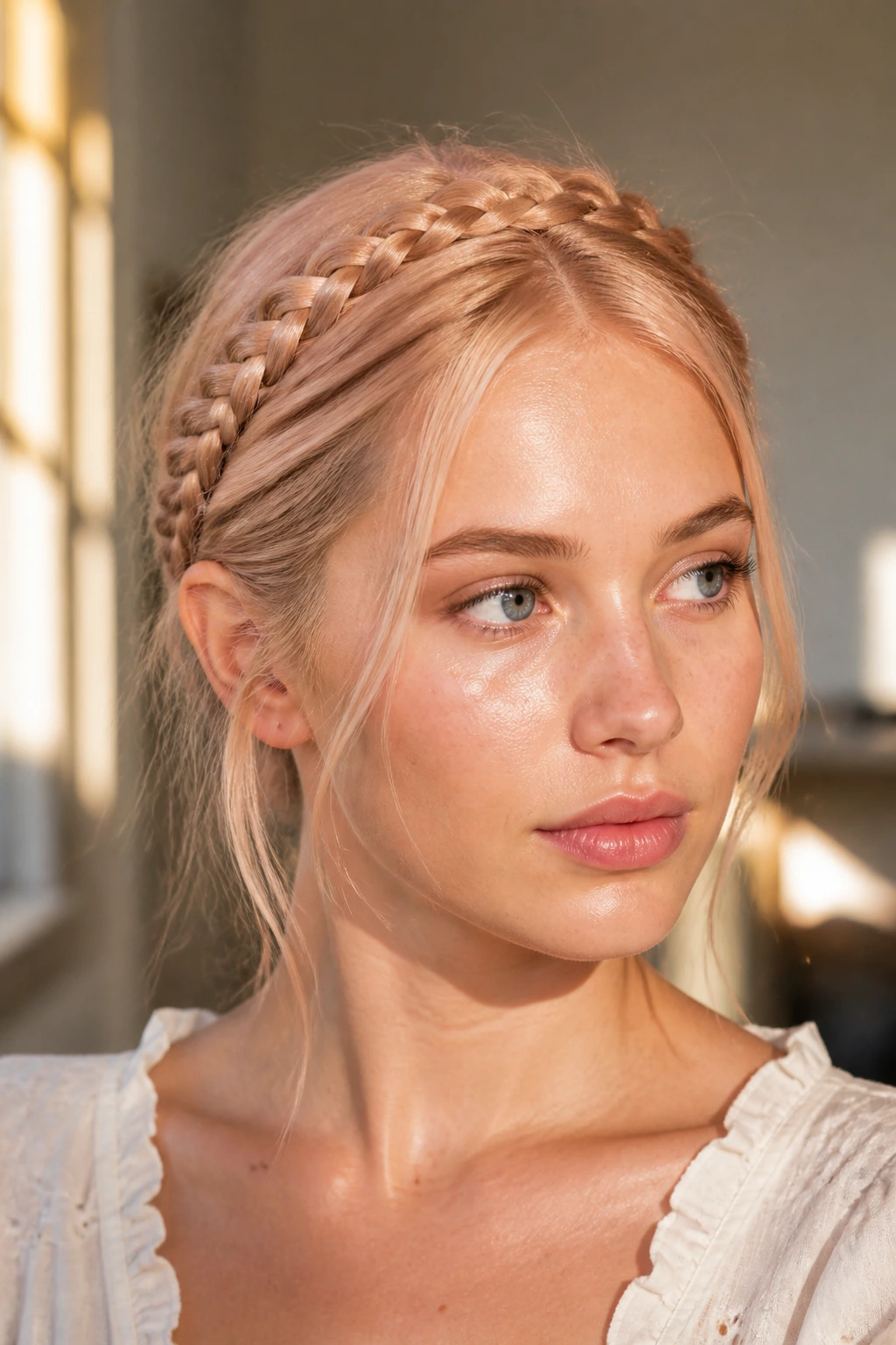Close-up of real person with crown braid halo in peach nude hair