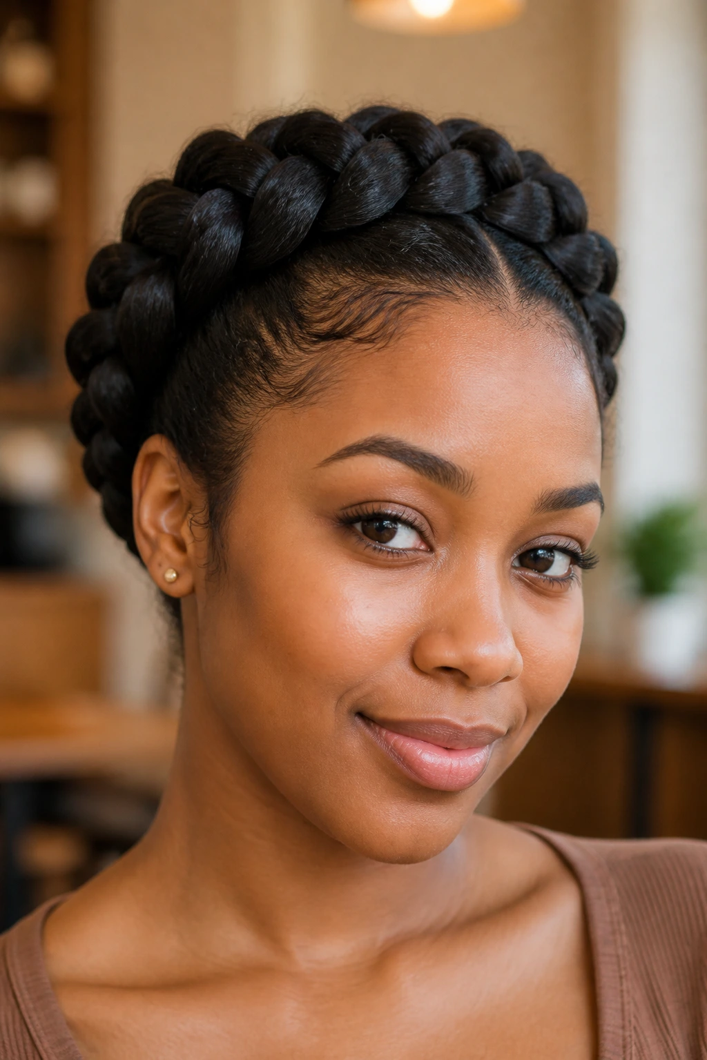 Portrait of a woman wearing a crown halo braid