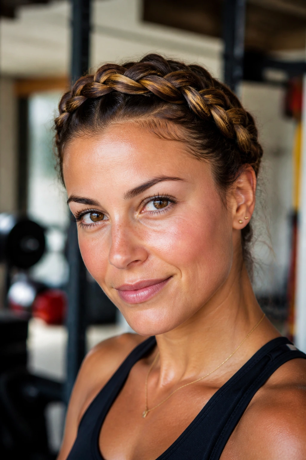 Close-up of crown braid around the head on a real woman exercising