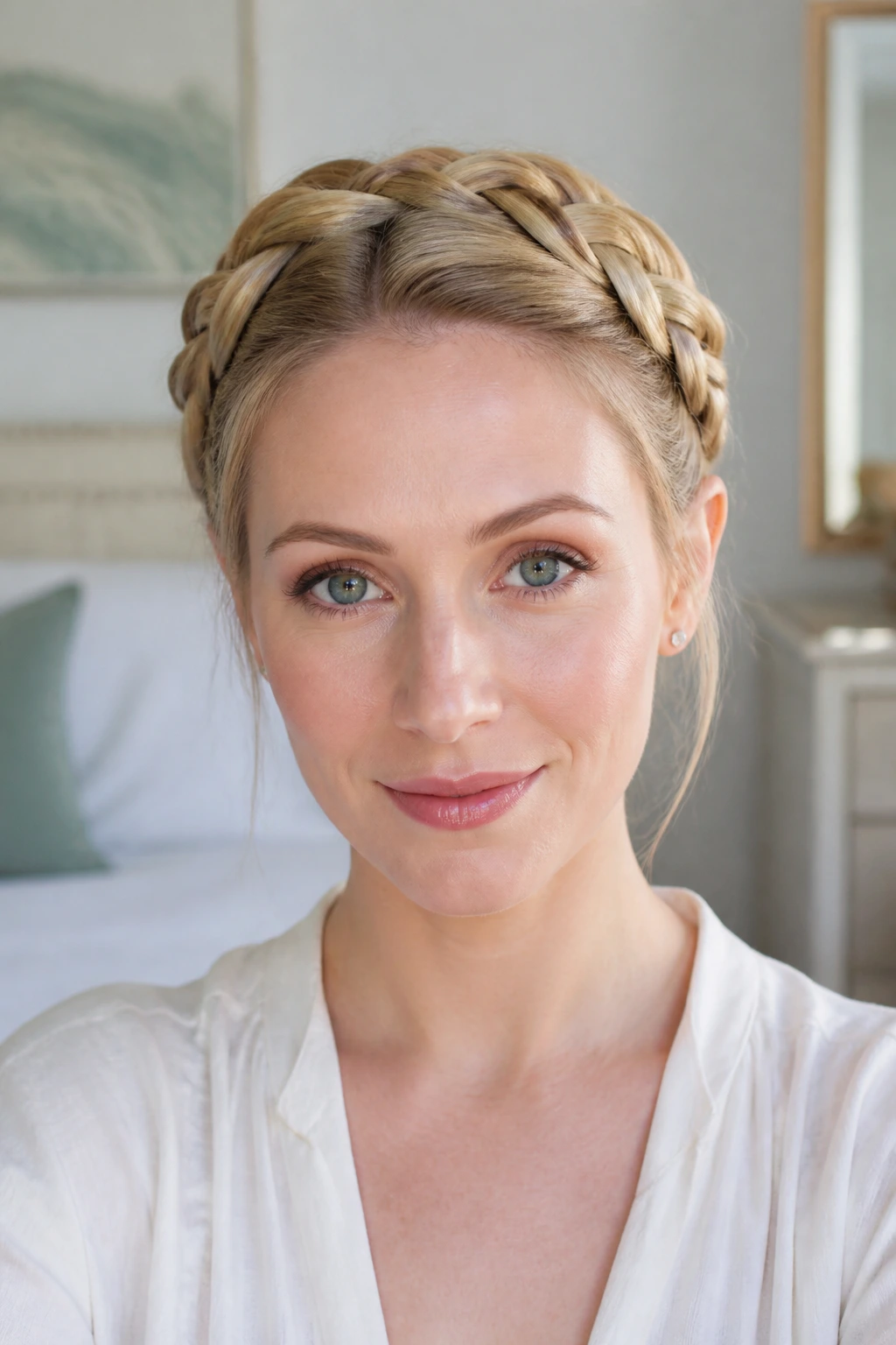 Close-up real woman with crown braid and hidden pins in bright bedroom