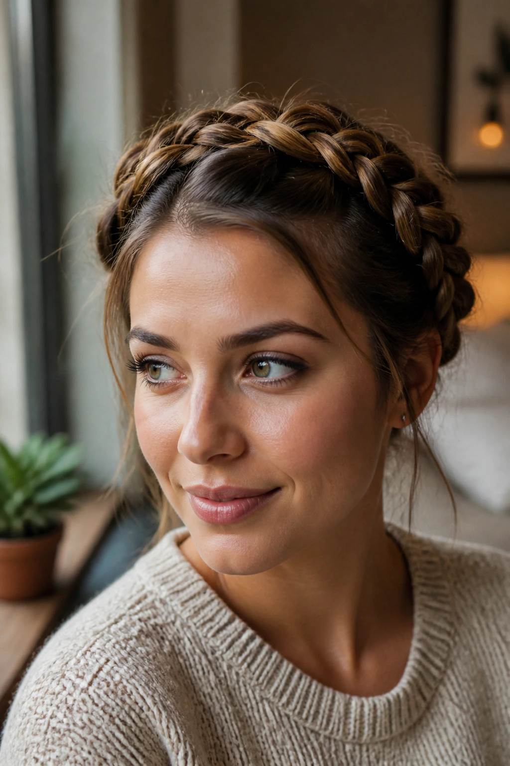 Portrait of woman with crown braids secured with hidden pins, top view
