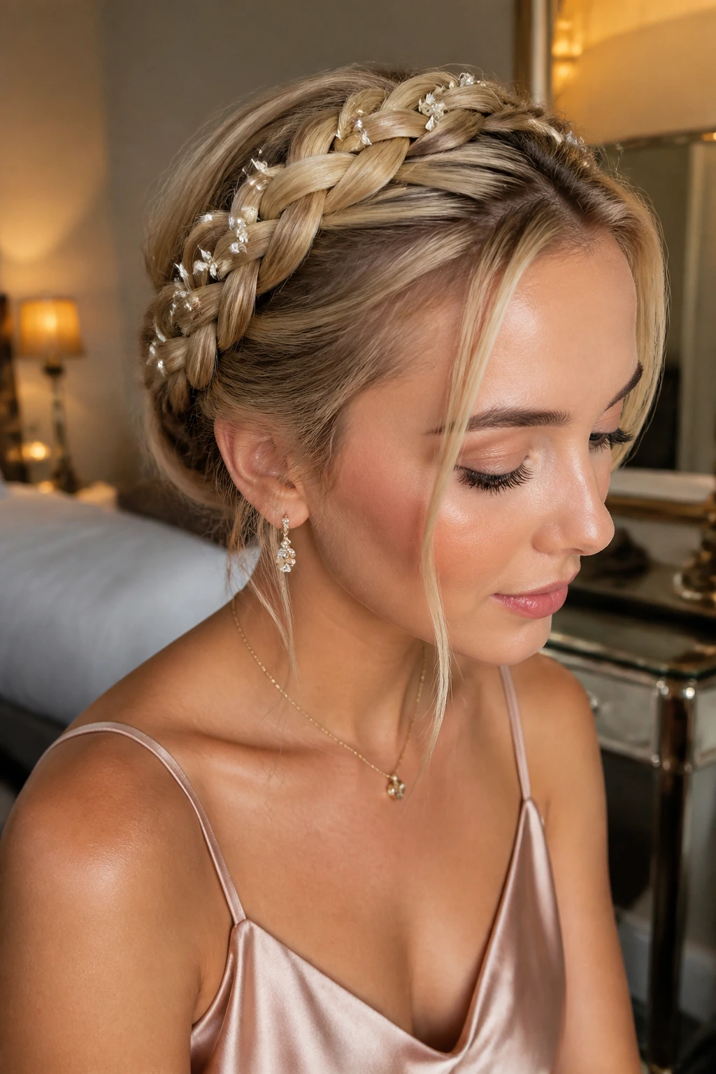 Crown braid with pearl pins on a real person, close-up portrait.