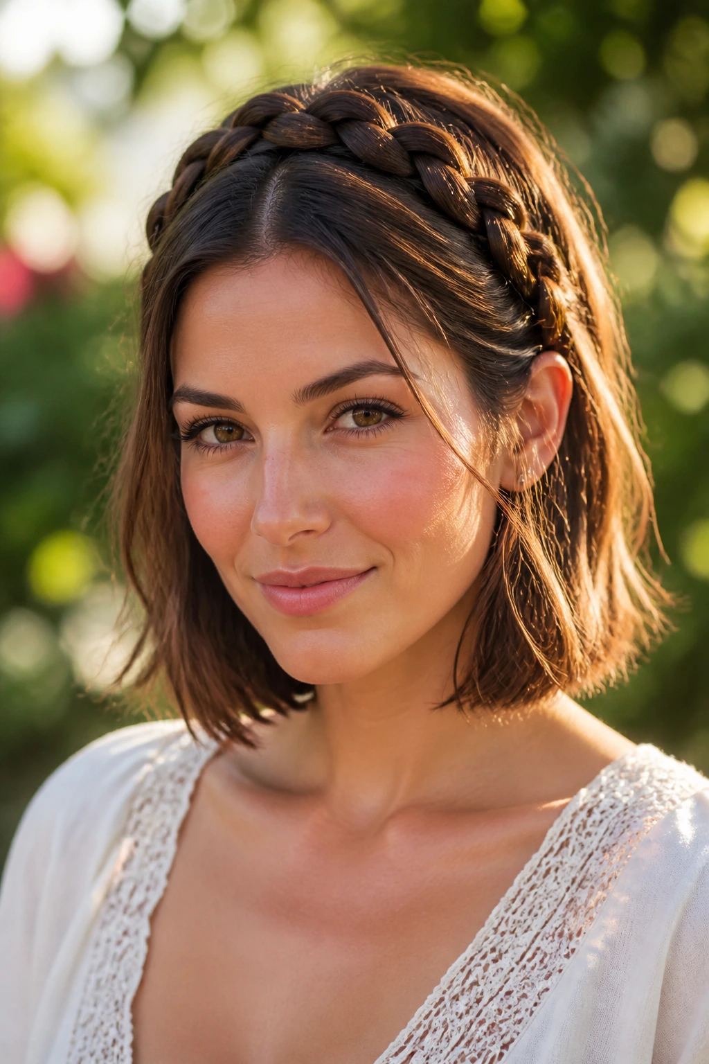 Portrait of a real woman wearing a crown braid outdoors in a sunlit garden