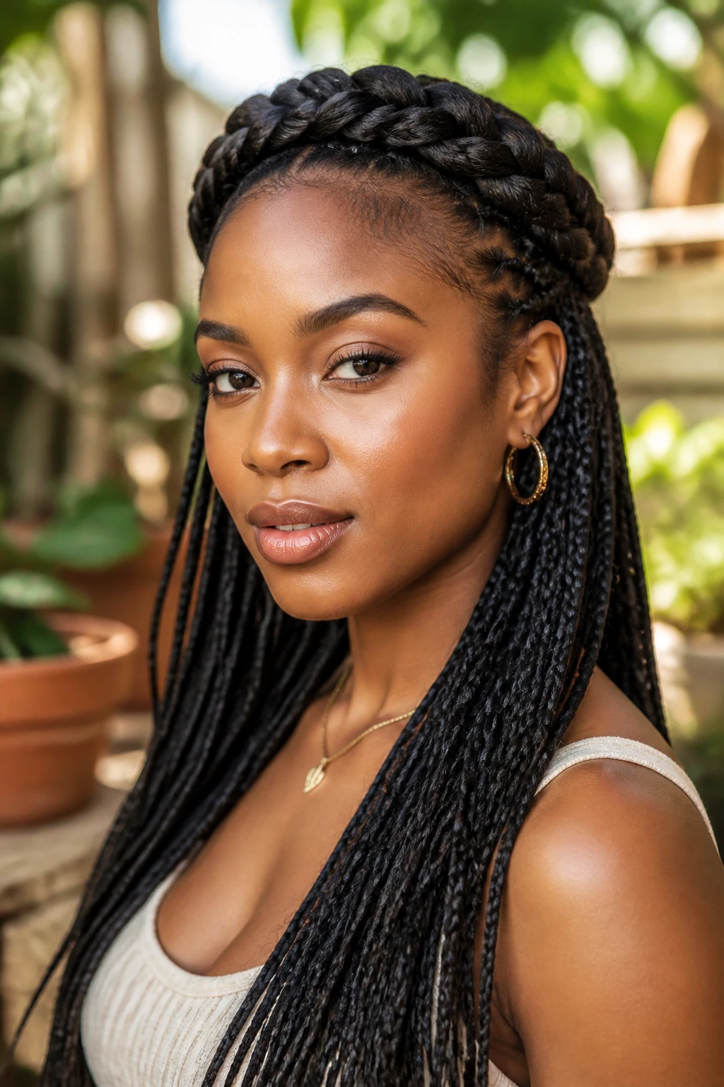Portrait of woman with crown braid around head and loose length braids