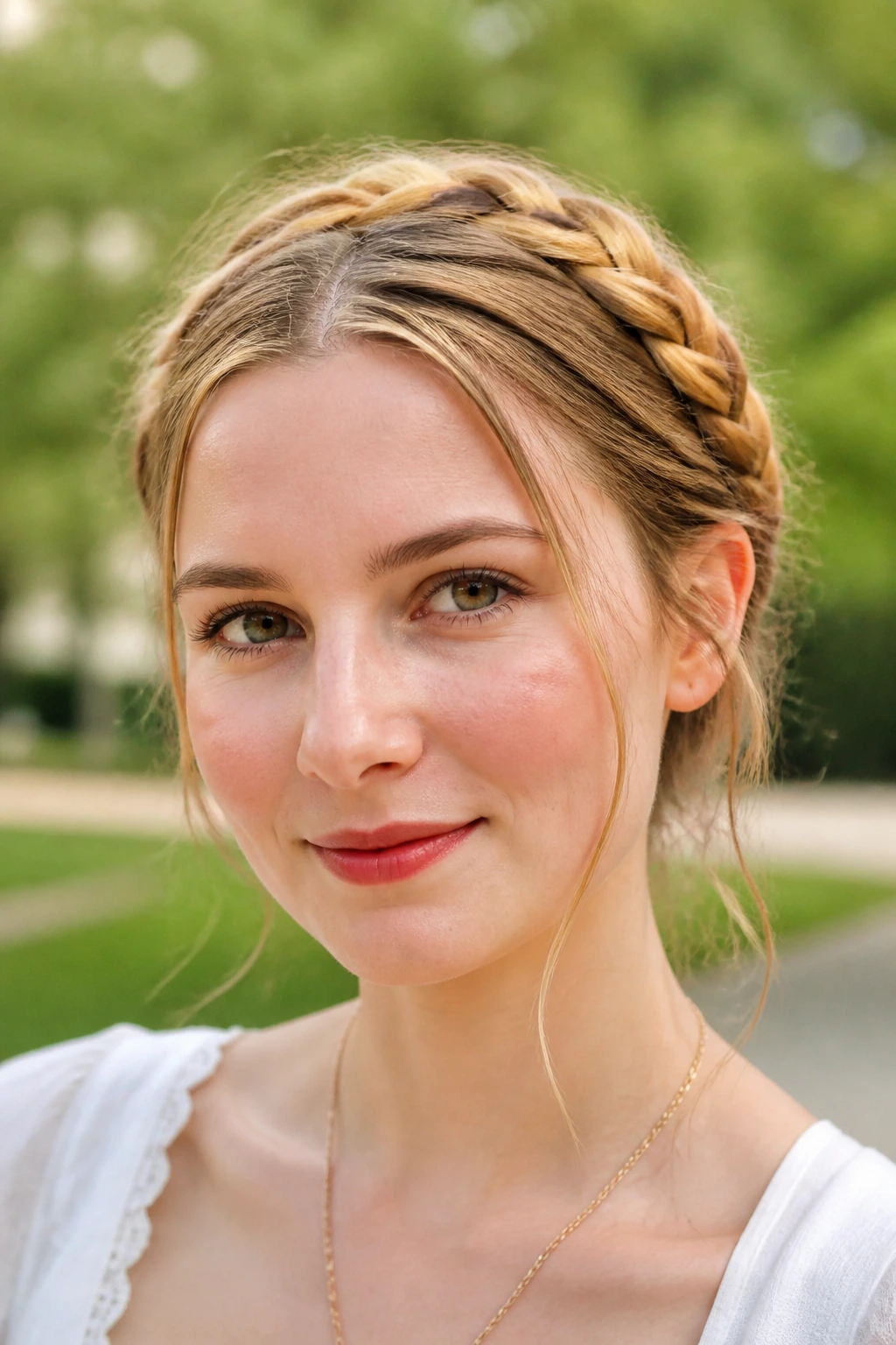 Close-up of a real person wearing crown braids with loose strands around the ears