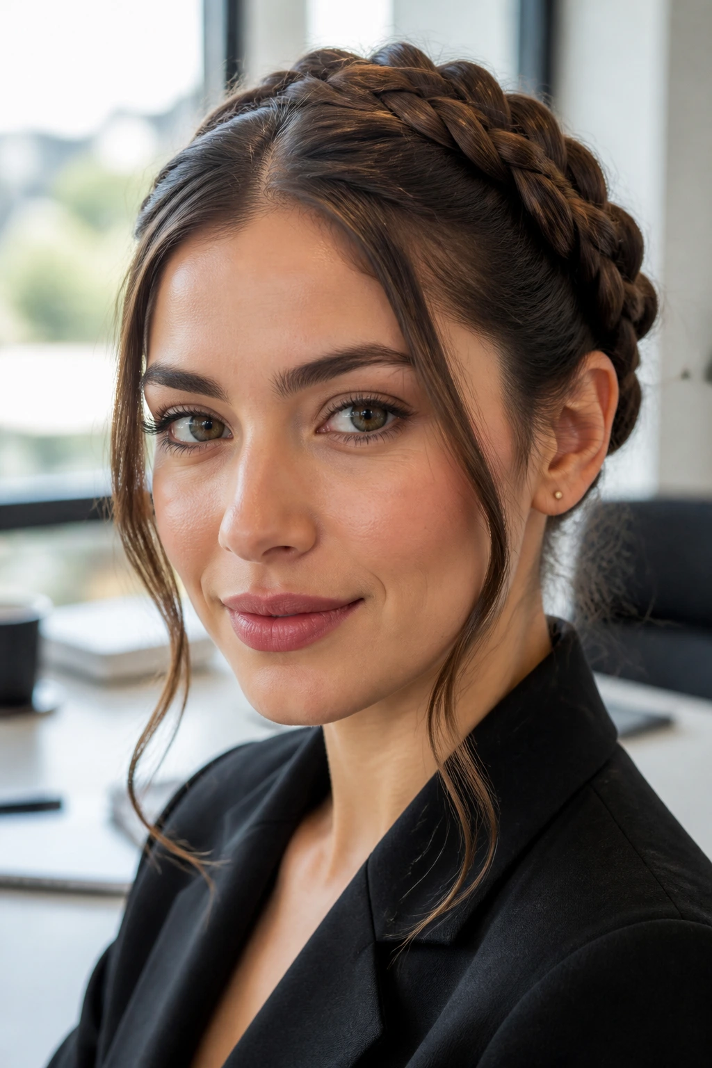 Close-up of a real woman with a crown braid and loose tendrils in an office