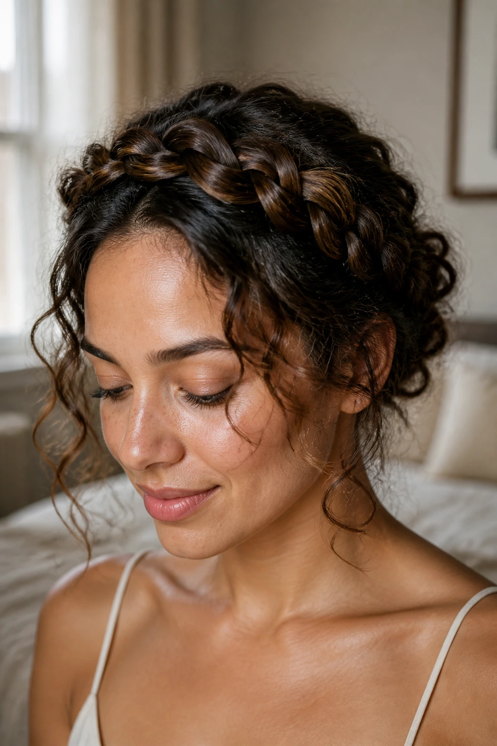 Close-up of a real woman with a crown braid along the hairline and loose waves