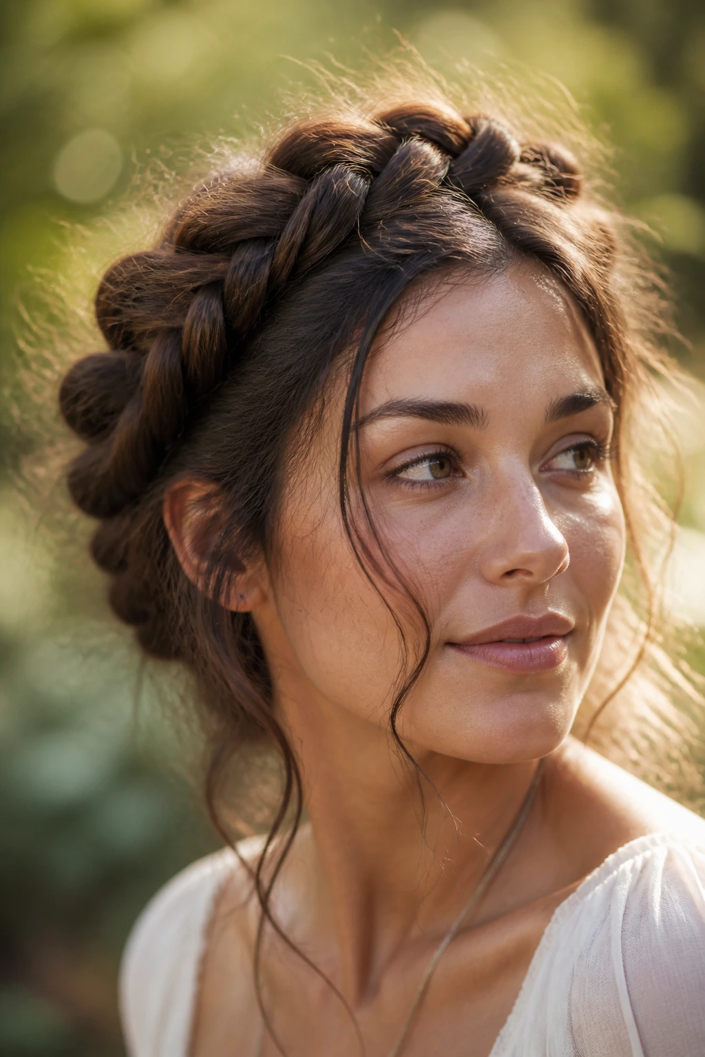 Close-up of a real person wearing a romantic messy crown braid with loose flyaways.