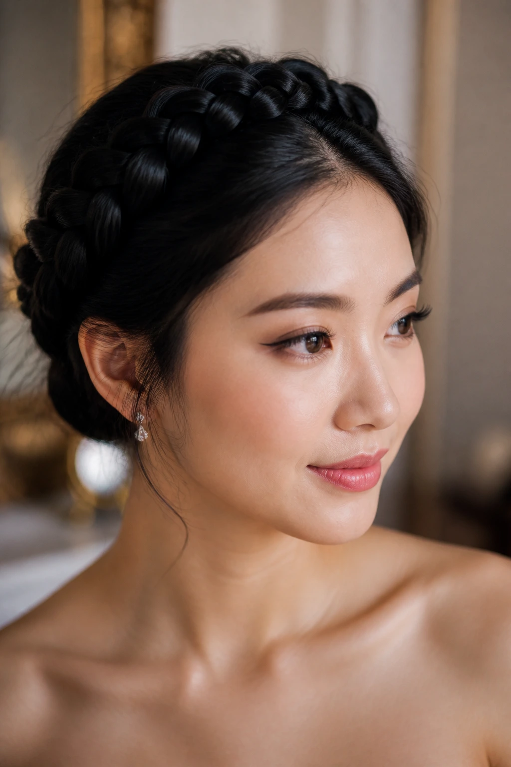 Close-up portrait of a person wearing a neat crown braid around the head