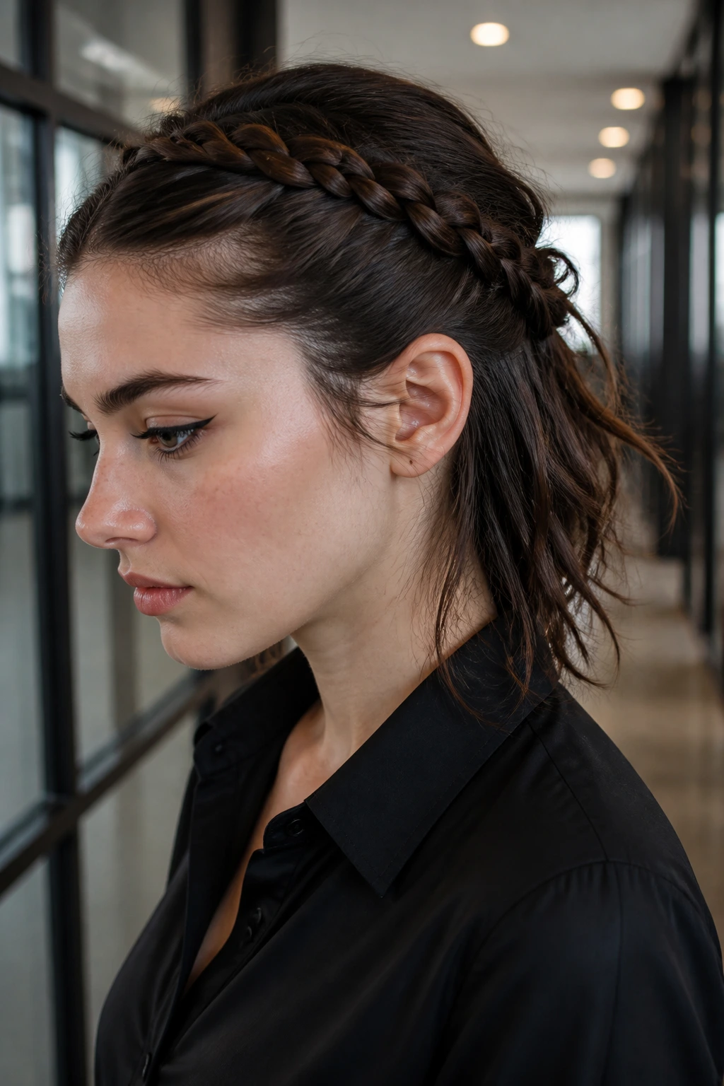 Close-up of a real person with a sleek crown braid and loose textured ends in an office setting.