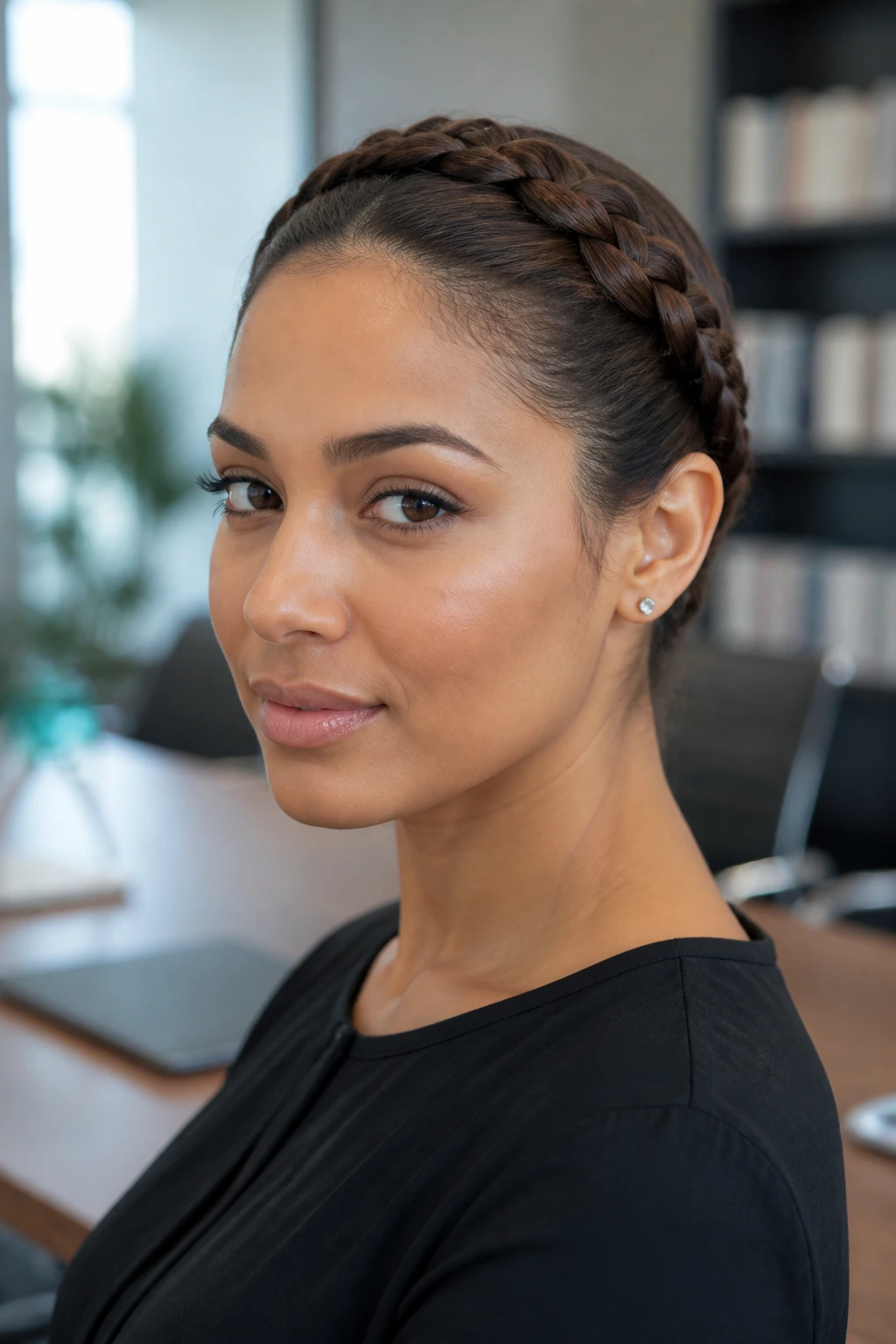 Close-up of a real woman with a tight crown braid around the head in an office setting.