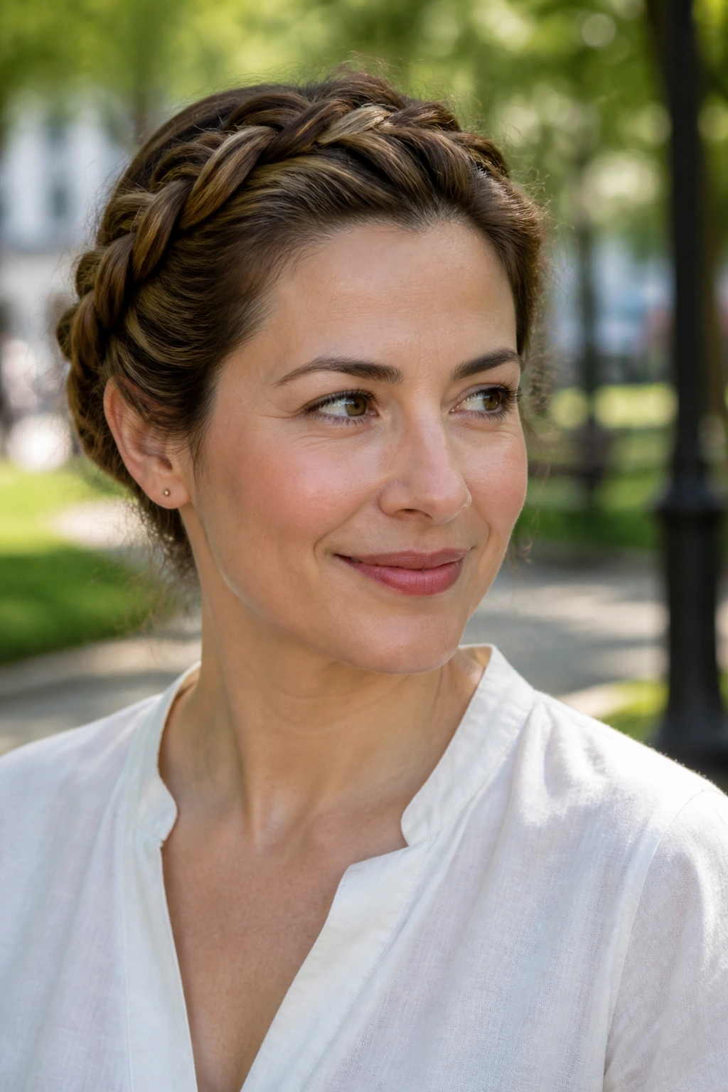 Woman with crown braid or twist in a park setting.