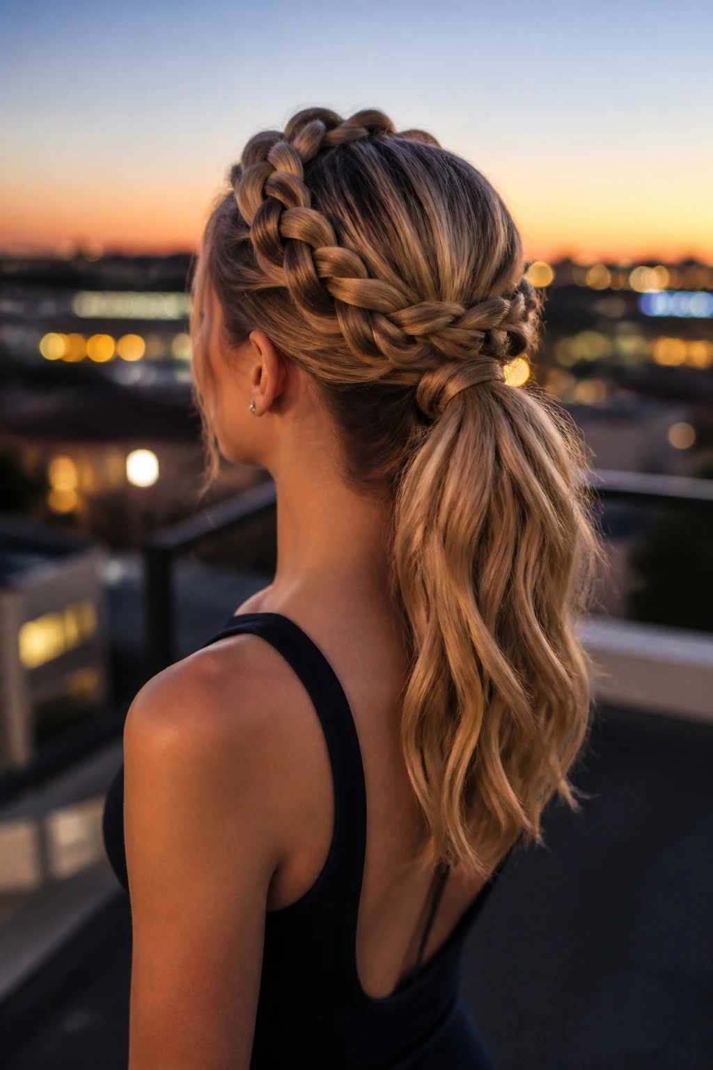 Crown braid flowing into a ponytail on a real person, side-back view.