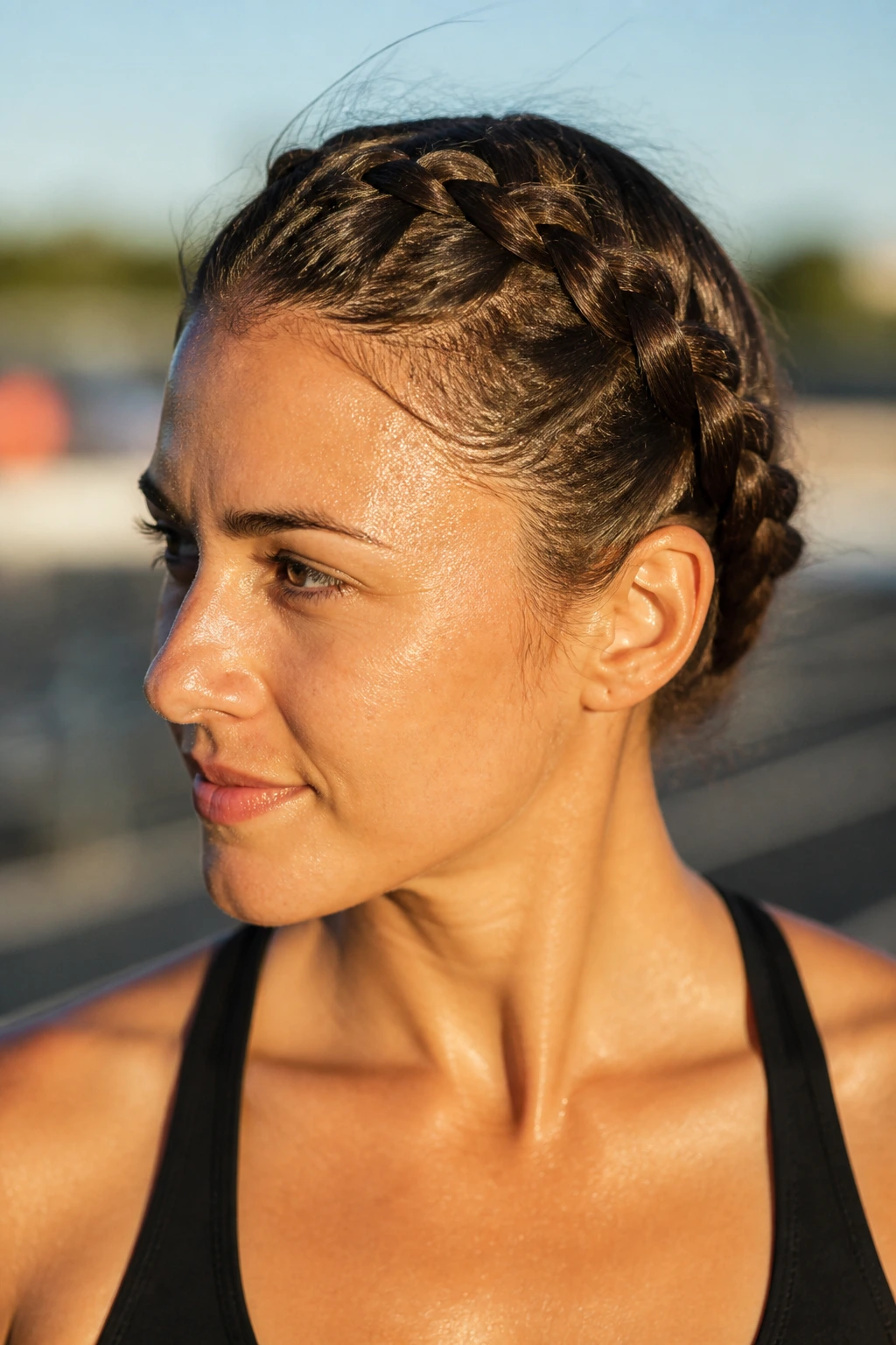 Close-up portrait of real person wearing crown braid around head during outdoor training