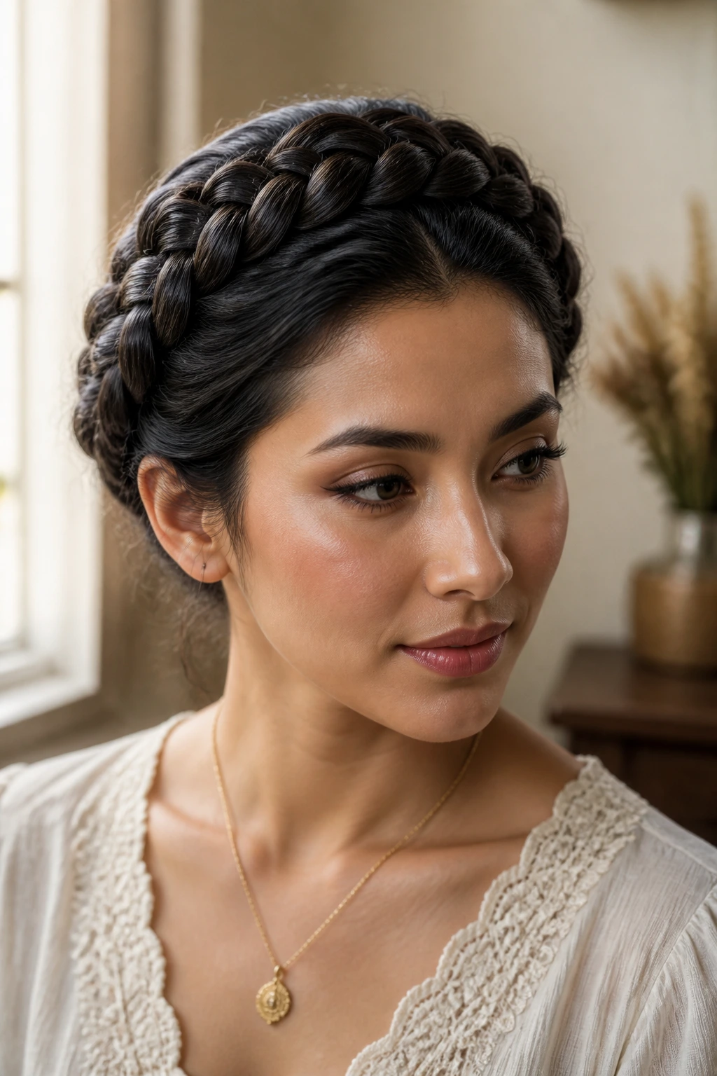 Three-quarter view of a real woman with a crown braid around her head