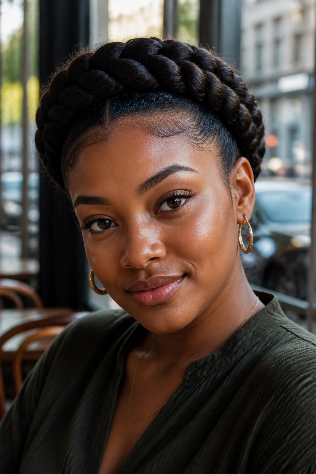 Close-up of sleek crown braid on a real person at a cafe