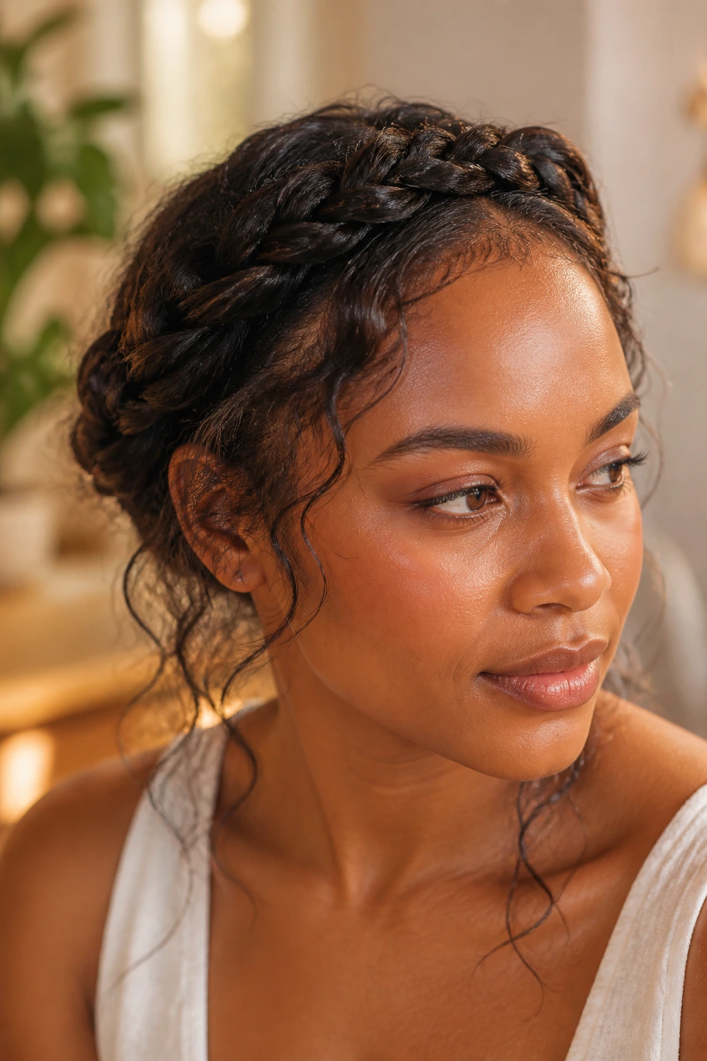 Close-up of real woman wearing crown braid with loose ends