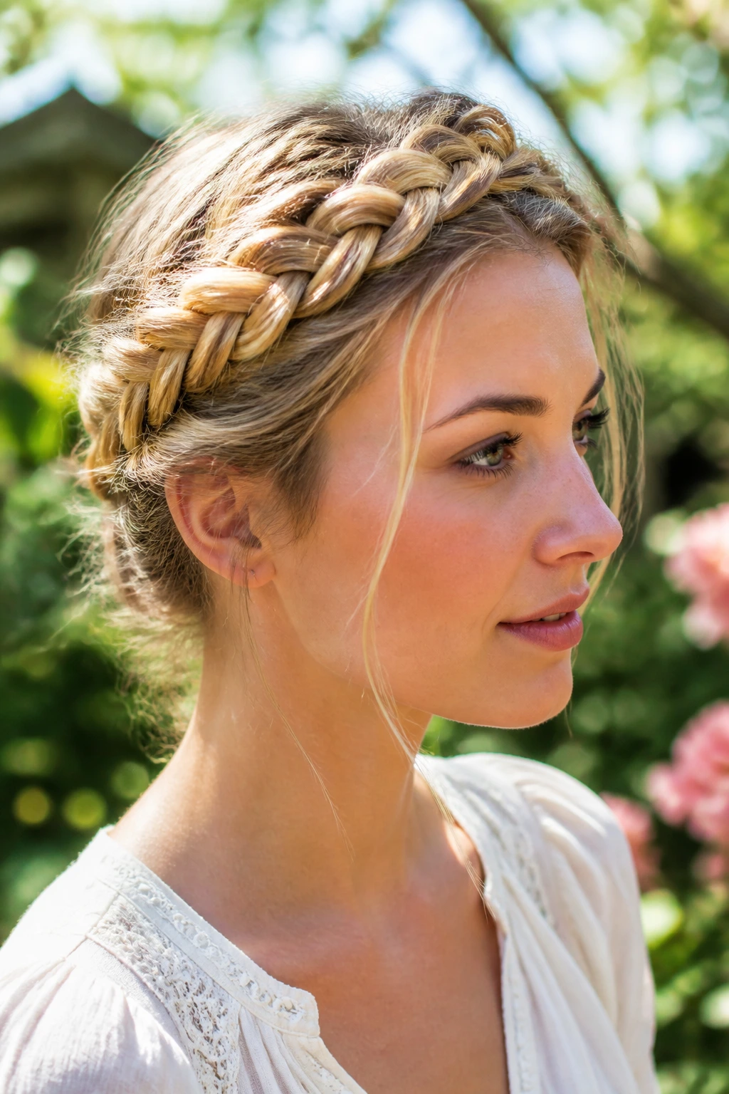 Close-up of a real woman wearing a crown braid around her head in a sunlit garden.