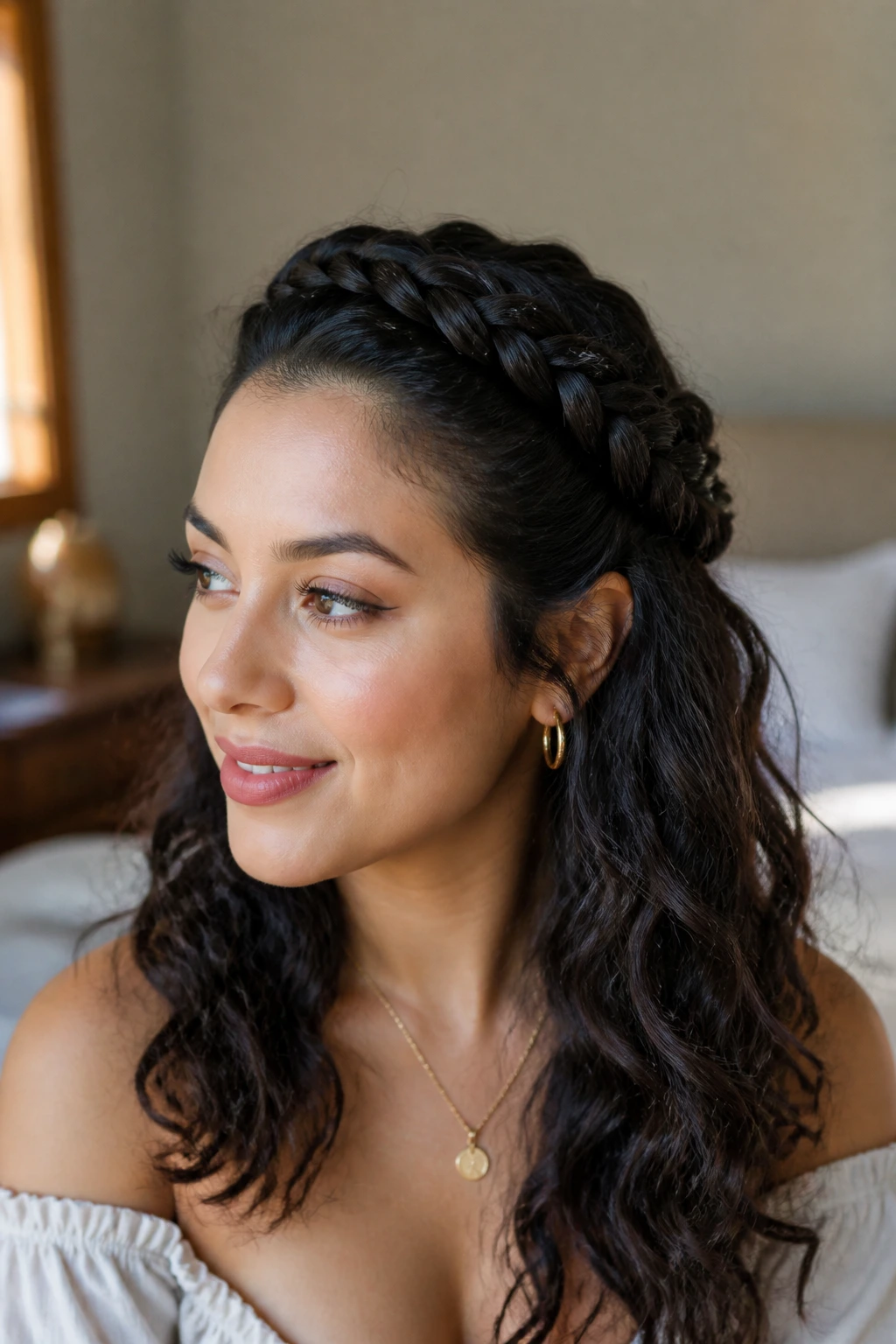 Portrait of a woman with a front French crown braid wrapping around the head.