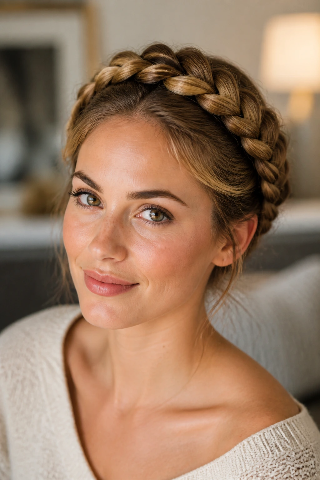 Portrait of a real woman wearing a crown braid formed by two braided sections around the head.