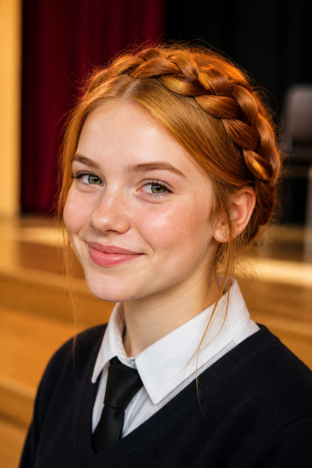Close-up of a real person wearing a red crown braid forming a halo around the head