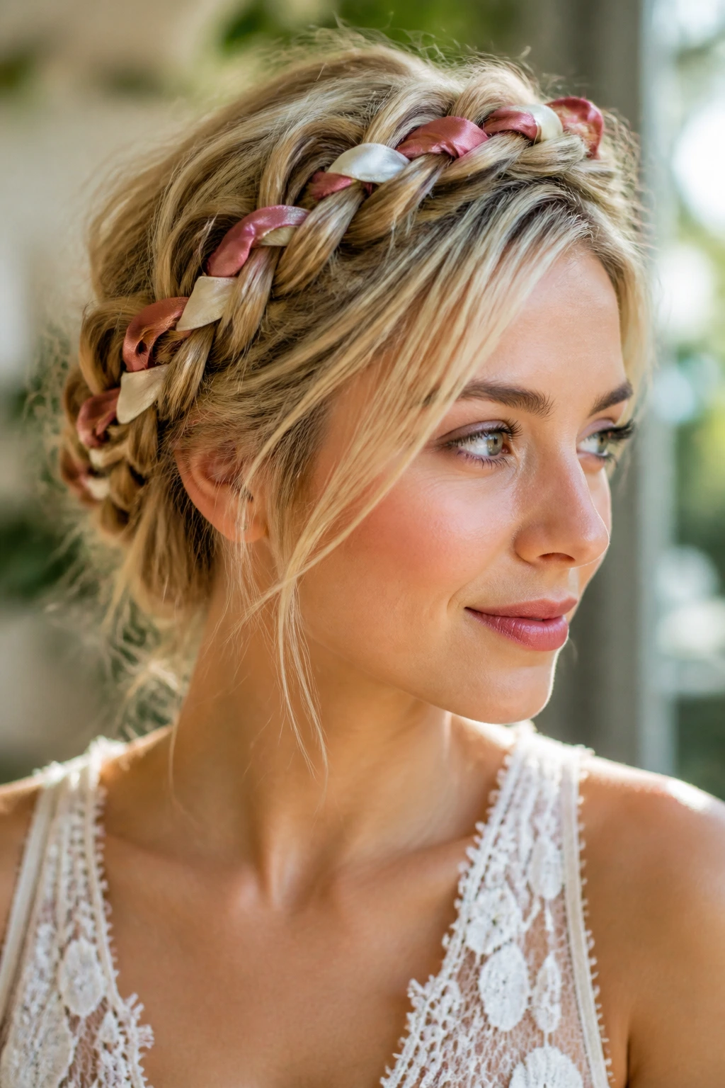 Portrait of a woman with a crown braid woven with a ribbon.