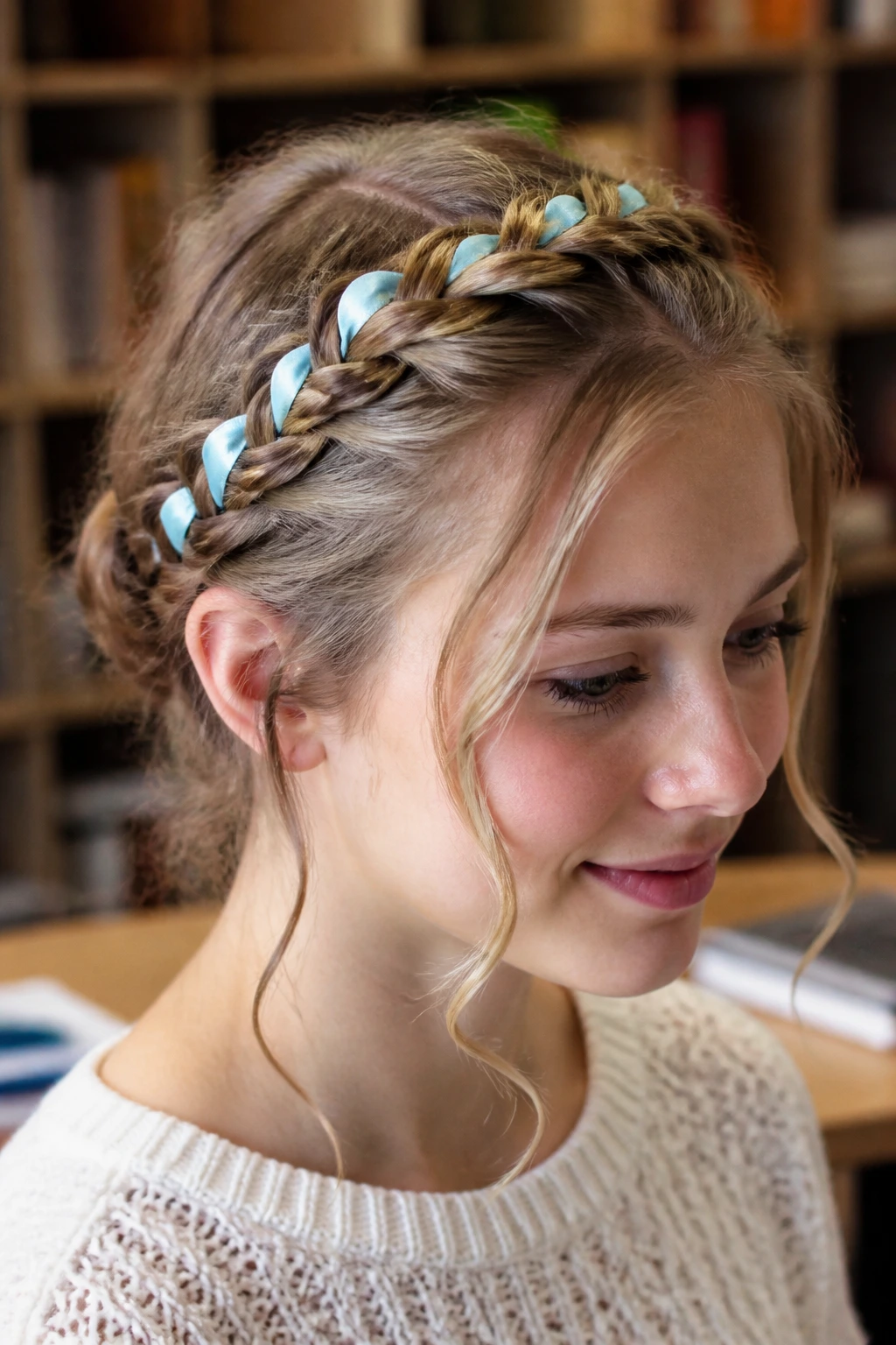 Close-up of a real person wearing a crown braid with pale blue ribbon woven through.