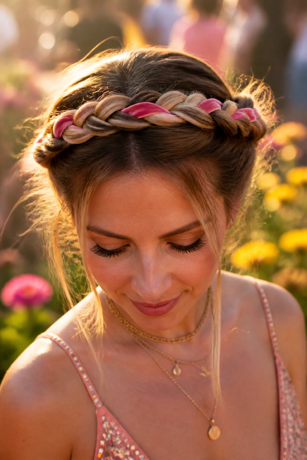 Close-up of crown braid with velvet ribbon on real woman at festival