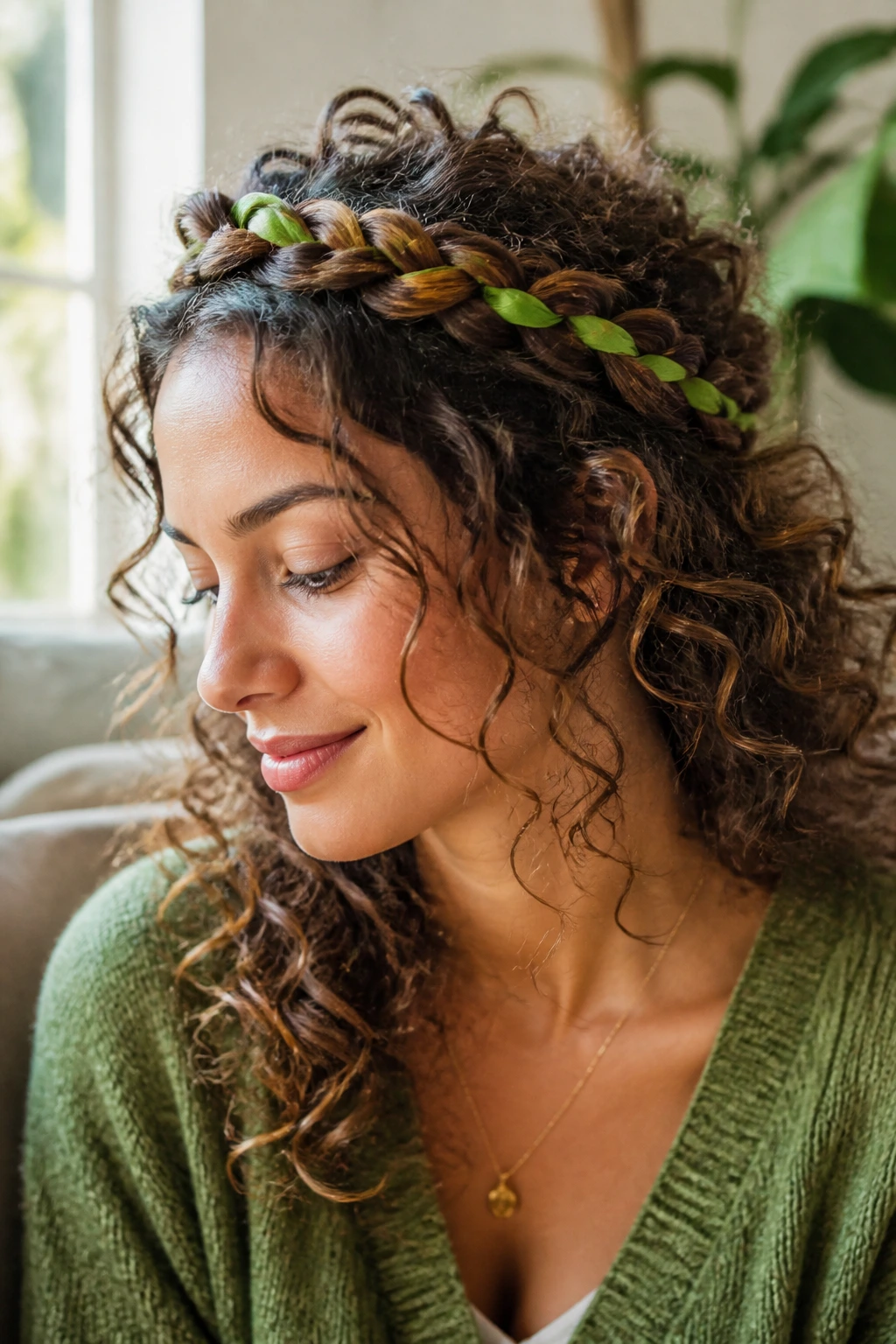Portrait of a woman with crown braid woven with lime-green ribbon