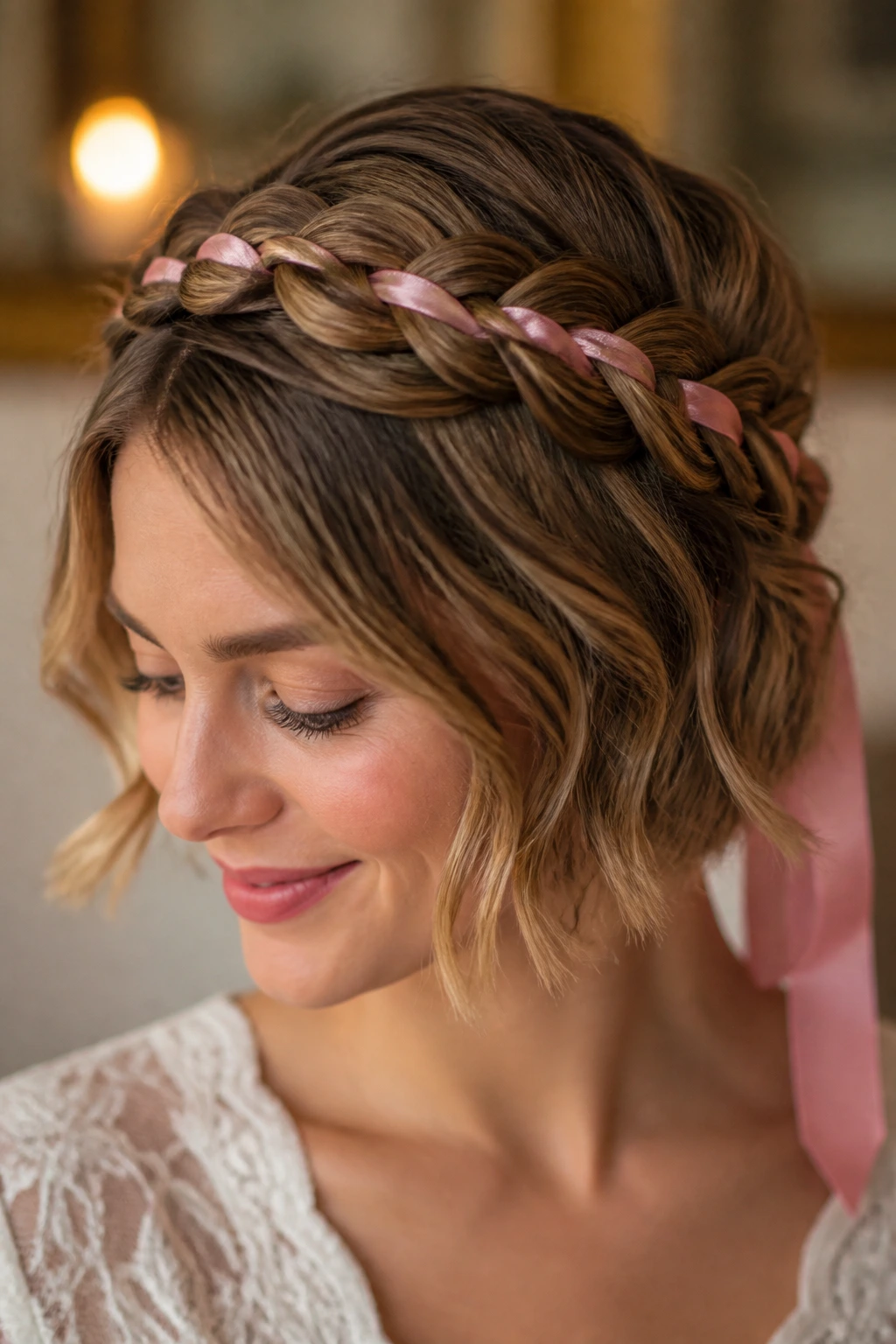 Crown braid with ribbon on real person