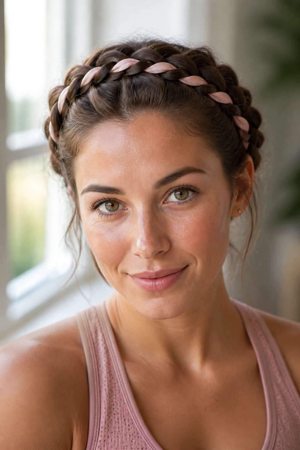 Close-up of a real woman with a crown braid woven with a ribbon around the scalp.