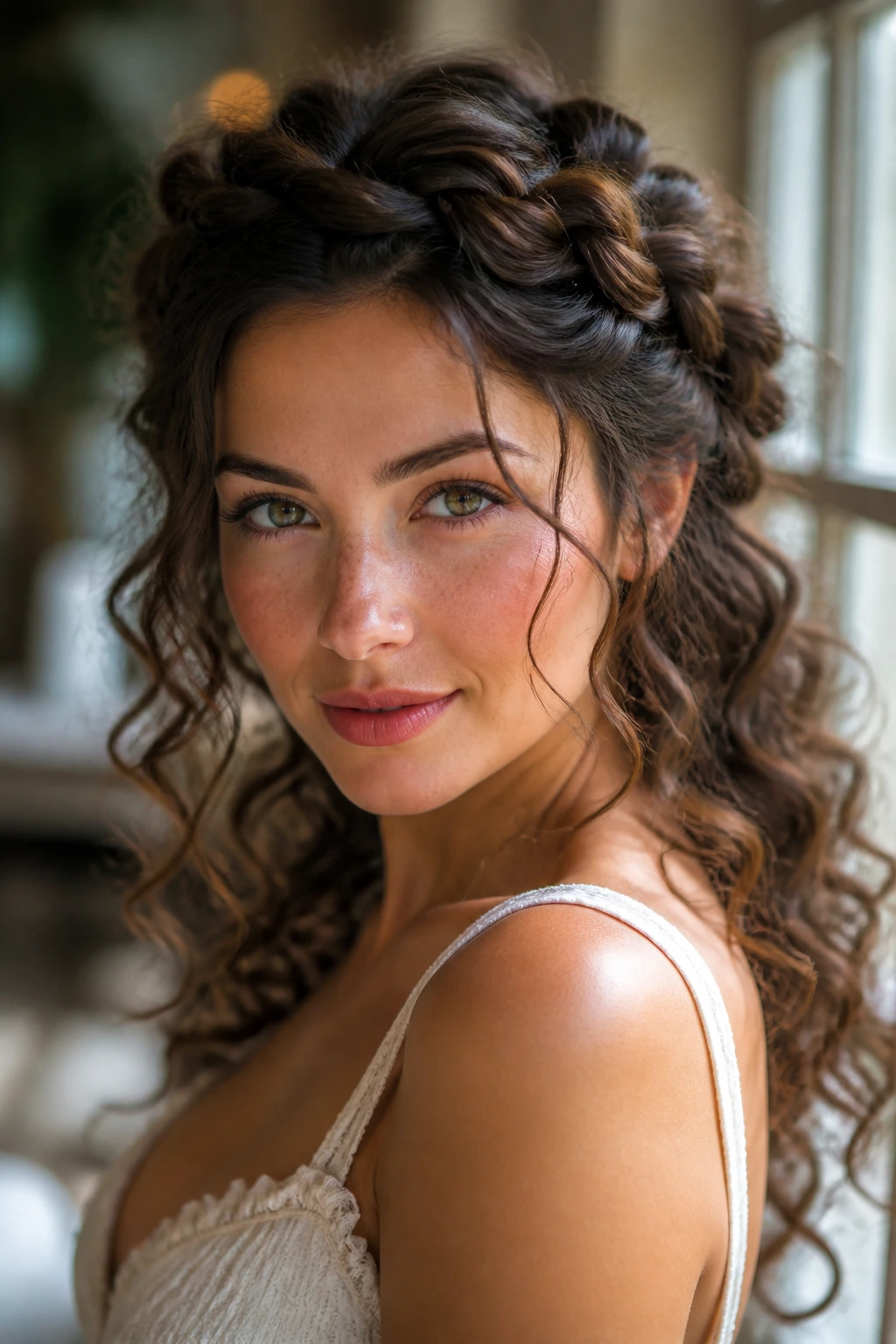 Woman with crown braid and ringlets framing the face.