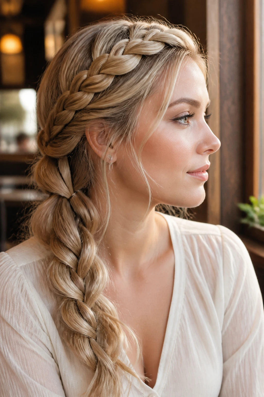 Close-up profile of a real person with a crown-wrapped side braid.